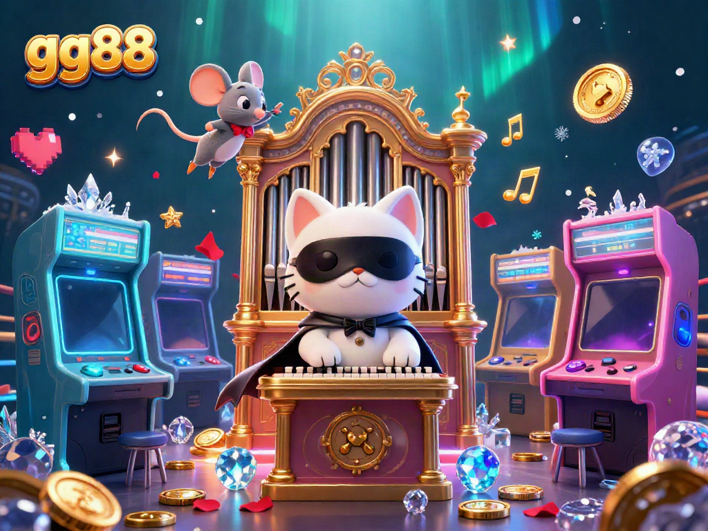 Experience the enchanting gg88 casino atmosphere with a whimsical cat and mouse pair amid floating musical notes.