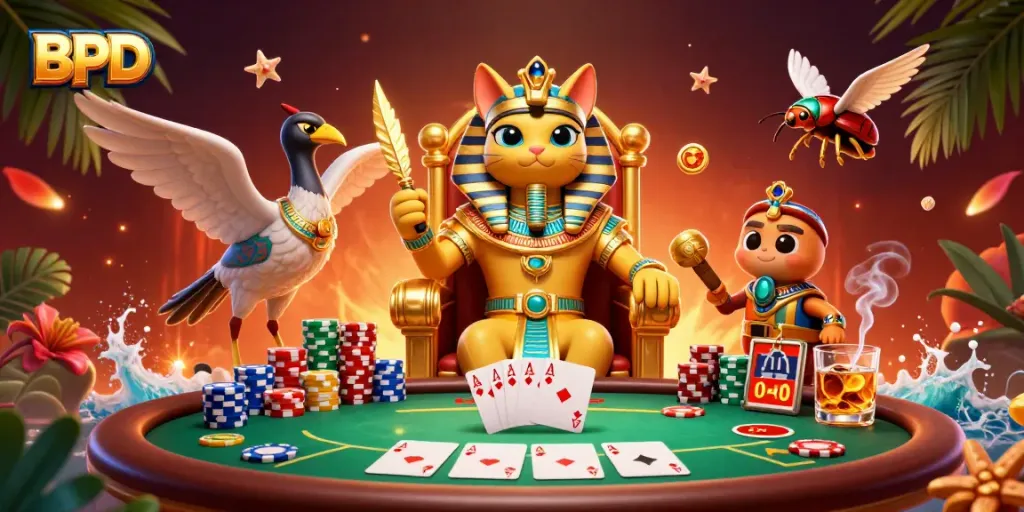 BPD players enjoy intense poker action with dynamic pharaoh cat characters in a vibrant casino scene.