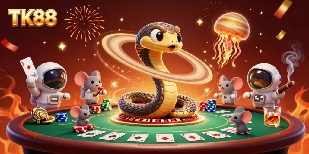 Engage with TK88 in a vibrant cosmic casino scene featuring a Saturn snake and playful astronaut mice.