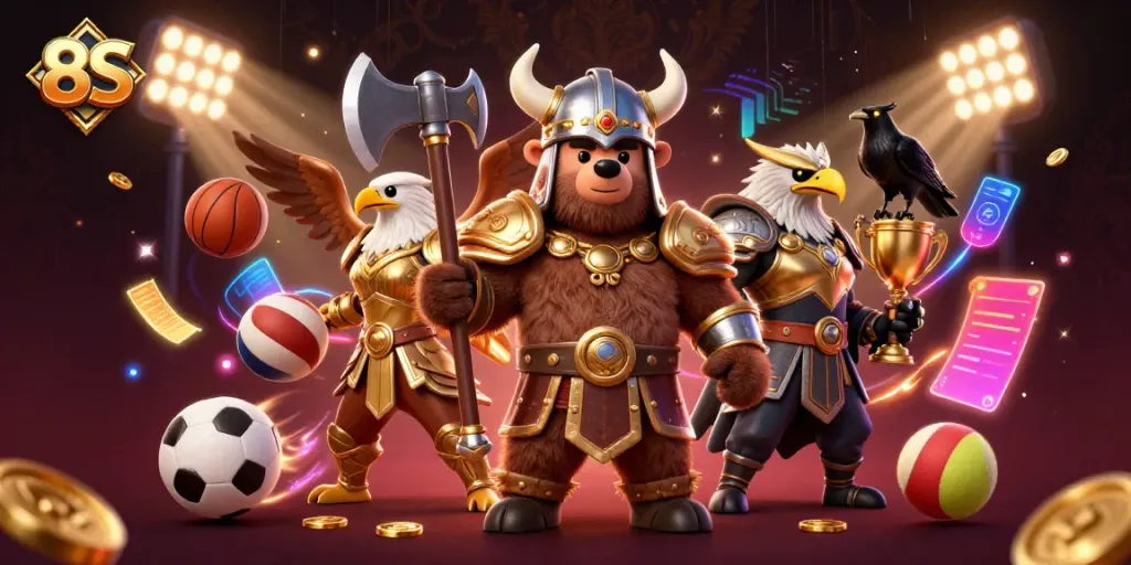 Engage in thrilling casino action with 8S, featuring vibrant characters and dynamic sports elements.
