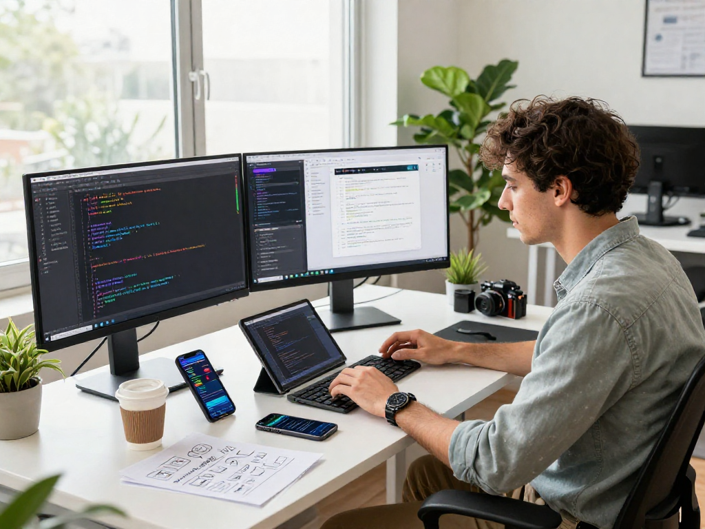 Explore a dynamic tech workspace featuring nsfw ai development, showcasing a developer coding at a modern desk with multiple screens and gadgets.