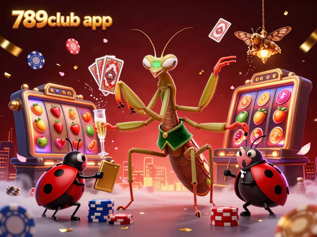 Experience thrilling gameplay with 789club app as the mantis dealer shuffles cards and pours champagne in a vibrant casino scene.