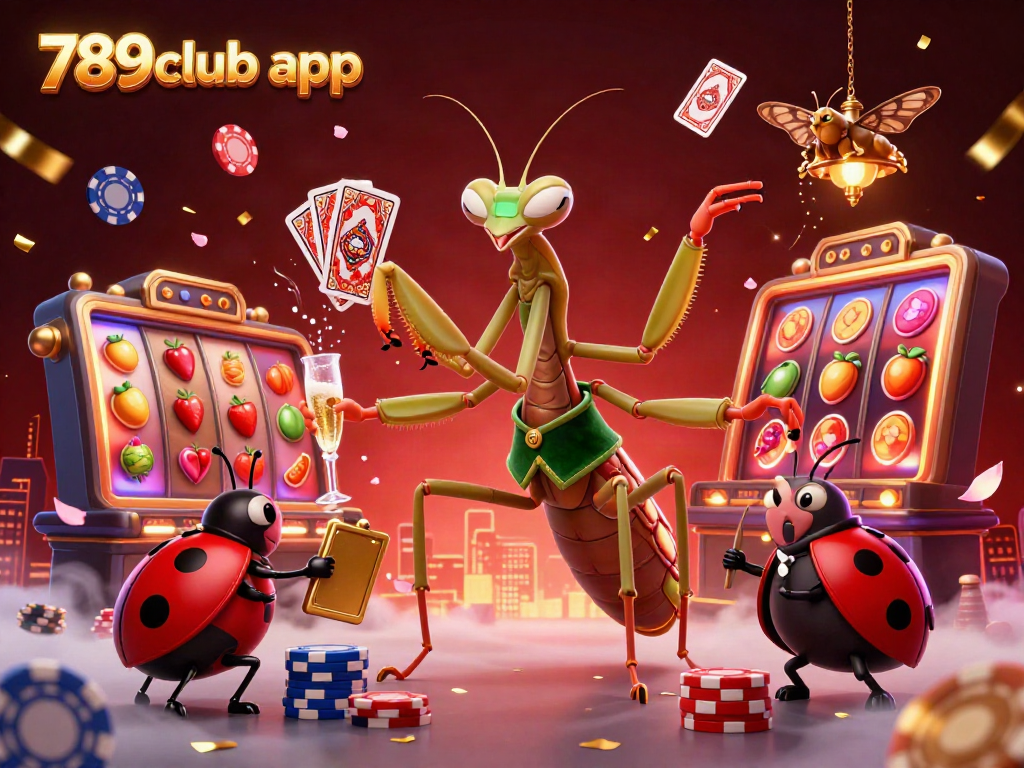Experience thrilling gameplay with 789club app as the mantis dealer shuffles cards and pours champagne in a vibrant casino scene.