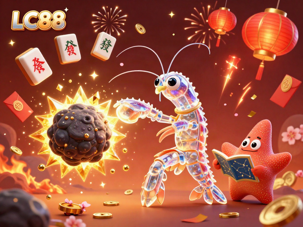 Engage with the LC88 universe as a cartoon galactic samurai mantis shrimp bursts through an asteroid, releasing gems during a vibrant celebration.