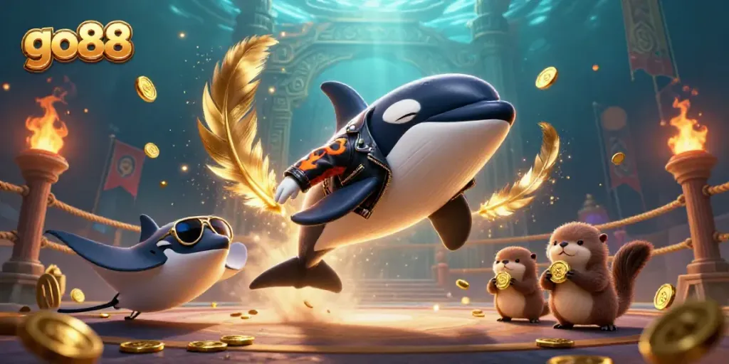 Experience thrilling gaming with go88, featuring a dynamic scene of sea creatures surrounded by vivid casino elements.