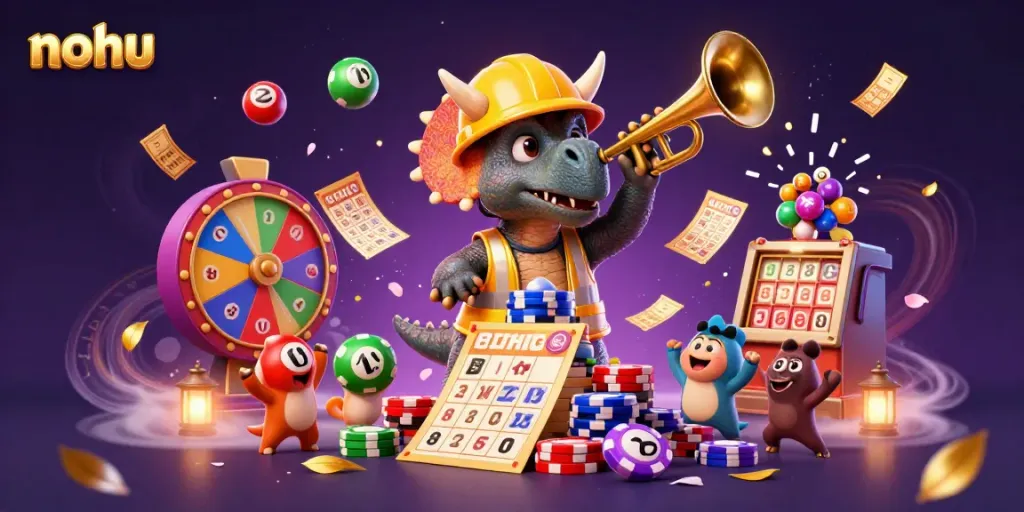 Experience the thrill of nohu with a triceratops celebrating a jackpot amidst colorful casino elements
