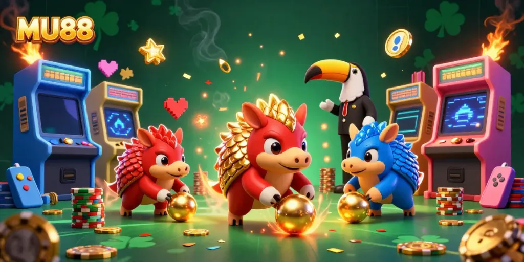 Experience MU88 gaming with rival pangolins competing amidst poker chips and arcade elements.