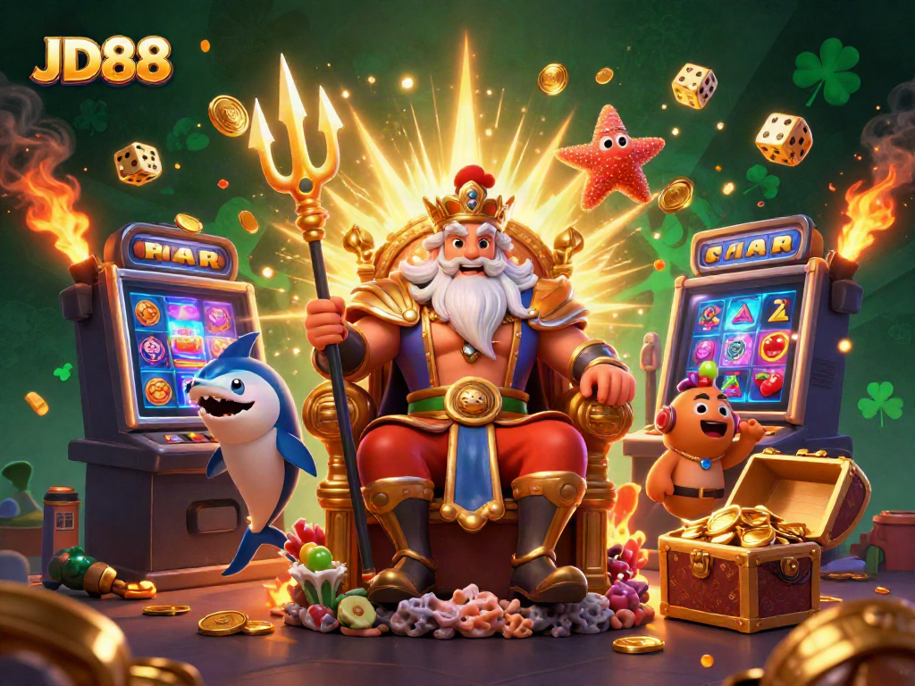Experience the vibrant world of JD88 with King Neptune and thrilling casino elements in this dynamic illustration.