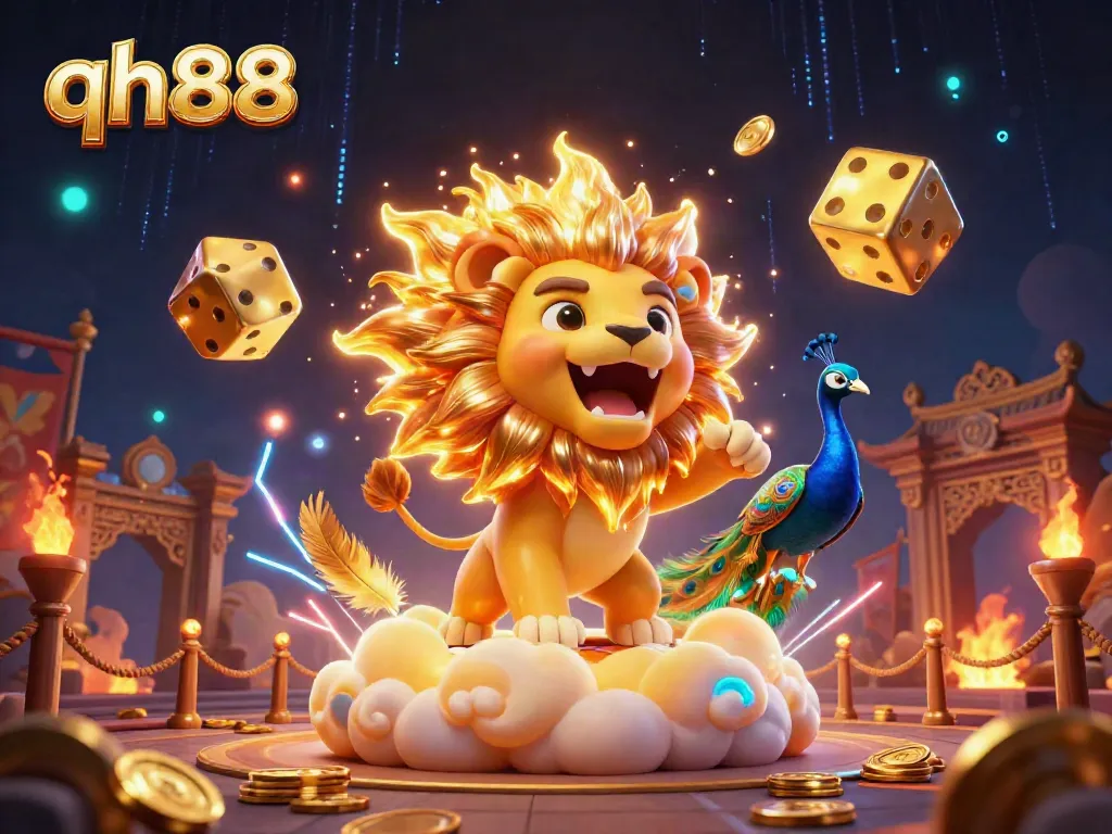Experience the thrill of qh88 with a vibrant scene of a roaring lion and rolling dice.