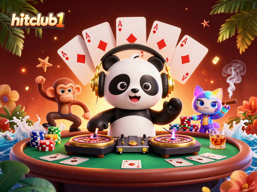 Engage in thrill with hitclub1 at a vibrant casino scene featuring lively characters.