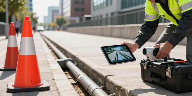 Drainage Survey for Build Over Agreement with a surveyor inspecting pipes using CCTV technology in an urban setting.