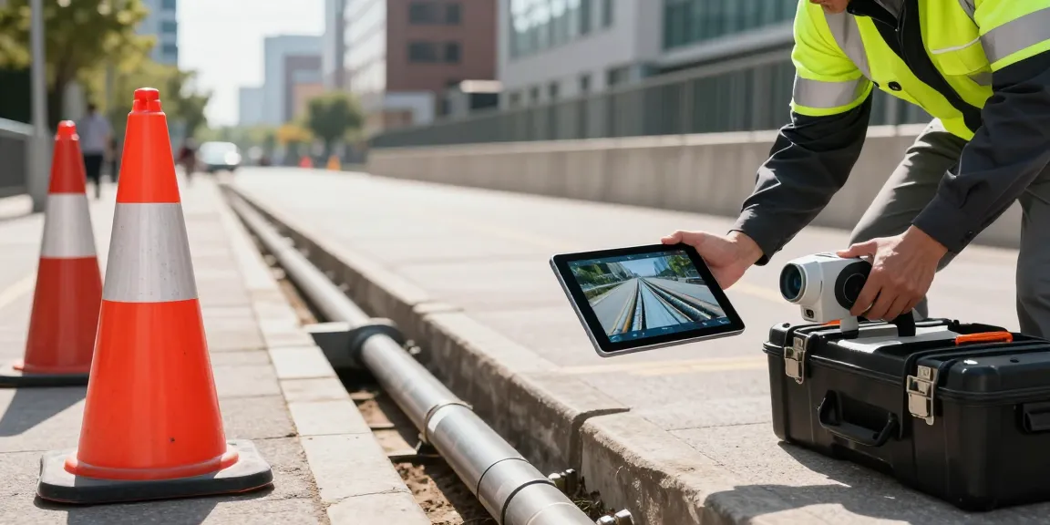 Drainage Survey for Build Over Agreement with a surveyor inspecting pipes using CCTV technology in an urban setting.