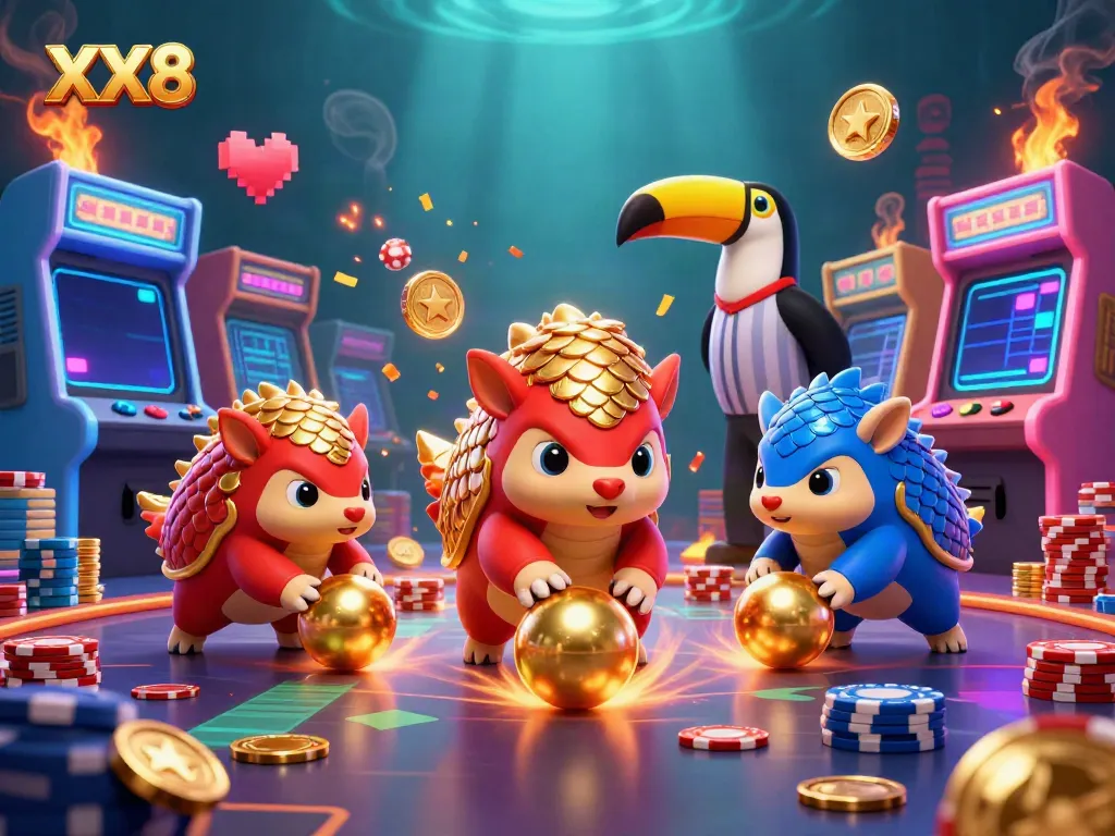 Experience thrilling gameplay at XX8 with vibrant pangolins bowling through poker chips in this colorful casino scene.