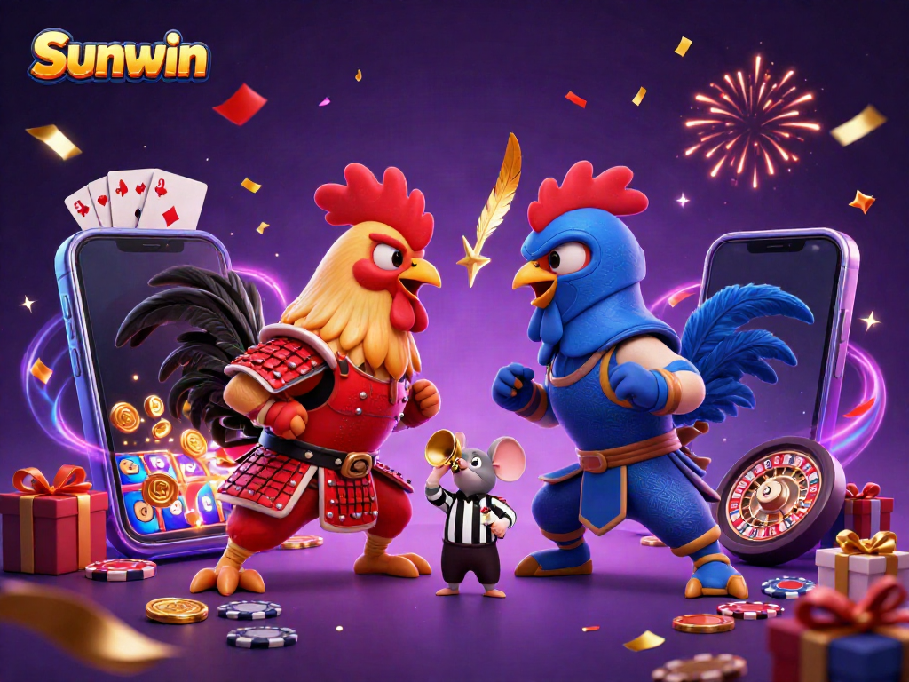 Dynamic Sunwin illustration of cartoon roosters in a gaming showdown with casino elements.