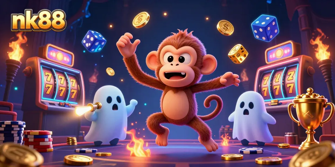 Experience nk88 adventures in a haunted casino with vibrant slot elements and ghost-hunting excitement.