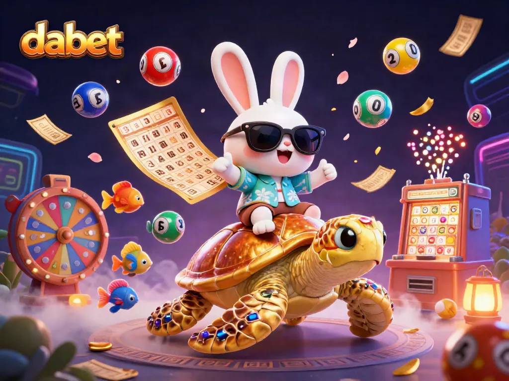 Dabet promotes excitement with a lucky rabbit and golden turtle amidst vibrant lottery elements.