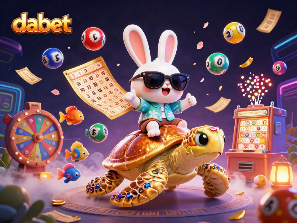 Dabet promotes excitement with a lucky rabbit and golden turtle amidst vibrant lottery elements.