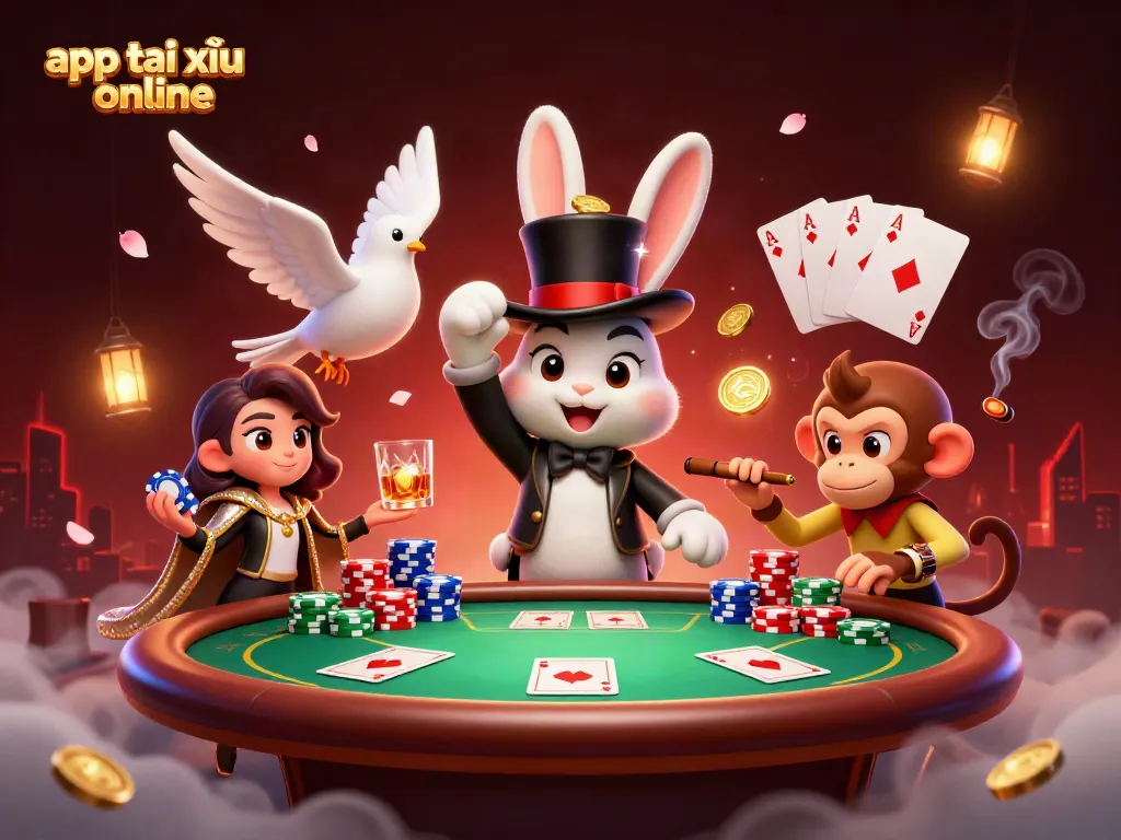 Catch the excitement with app tài xỉu online as a magician rabbit reveals golden coins while a dove and monkey playfully join the scene.