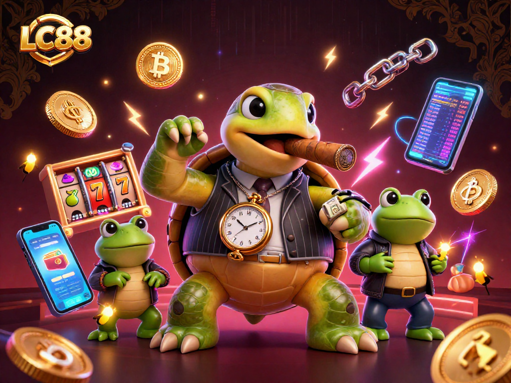 Experience thrilling gaming at LC88 with a dynamic casino scene featuring a snapping turtle and vibrant poker elements.