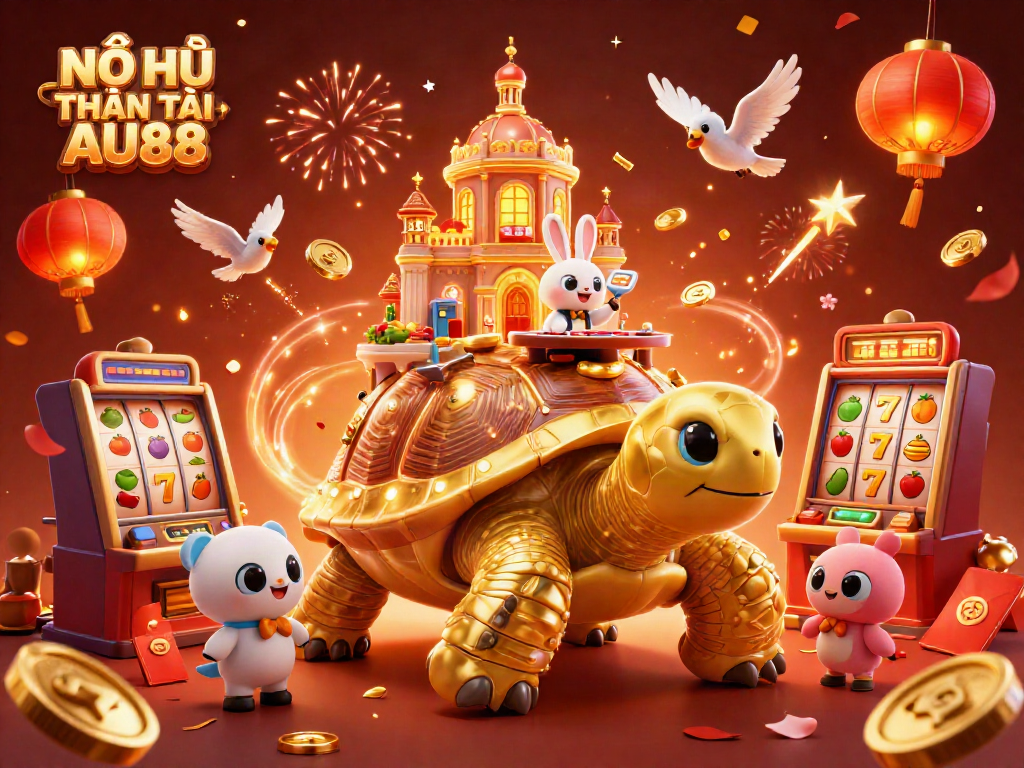 Spin the NỖ HŨ THẦN TÀI AU88 jackpot with a vibrant 3D casino scene featuring a golden tortoise and festive elements.