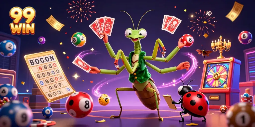 Engaging illustration of 99 WIN with a unique character arrangement, showcasing colorful lottery elements and casino games.