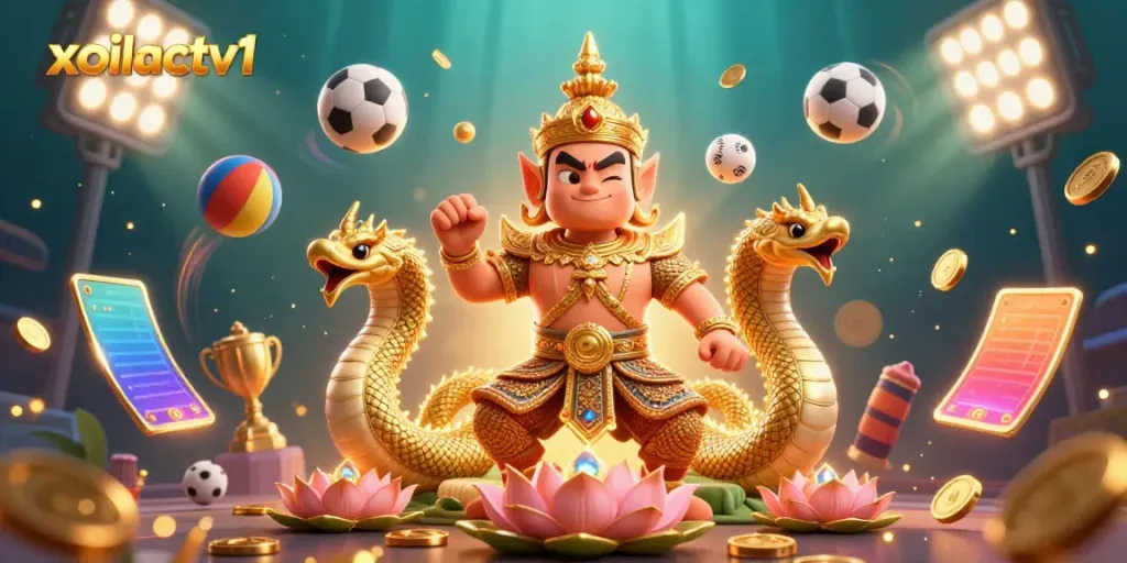 Xoilactv1 showcases a vibrant casino scene featuring a Thai guardian amidst dynamic sports betting elements.