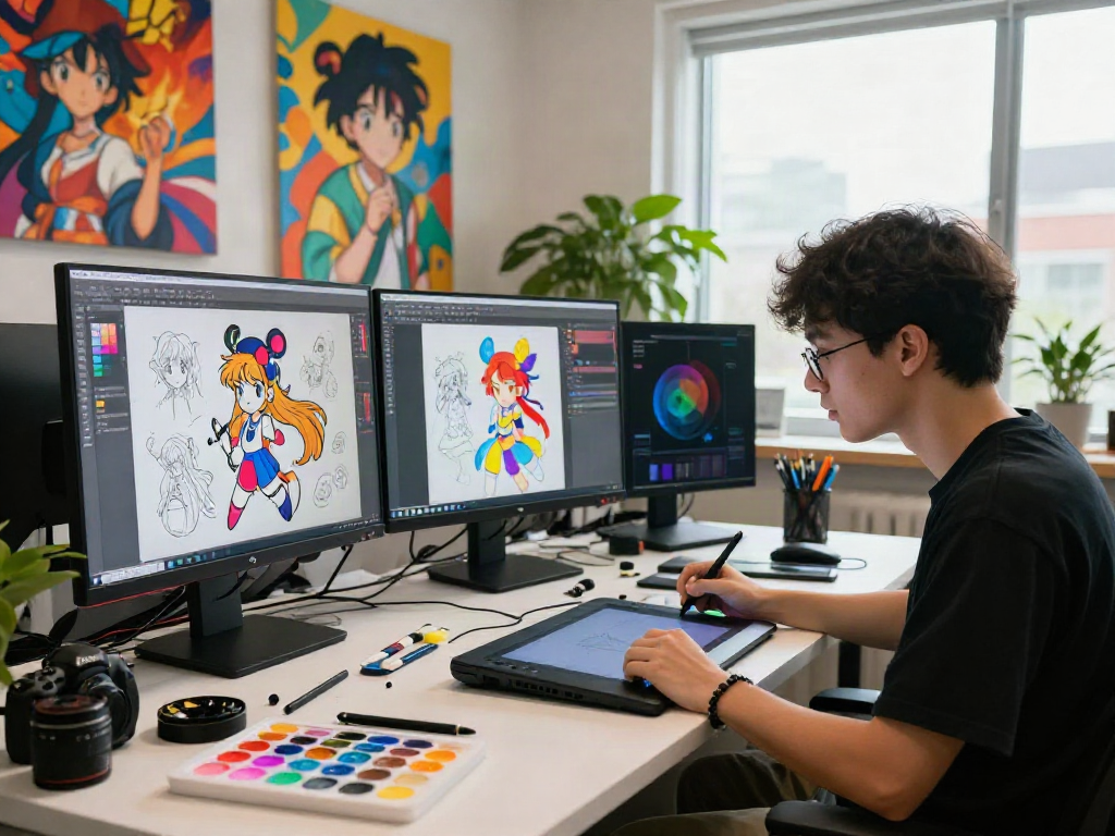 Artist working in a vibrant digital studio focused on nsfw ai character design with colorful screens and creative tools.