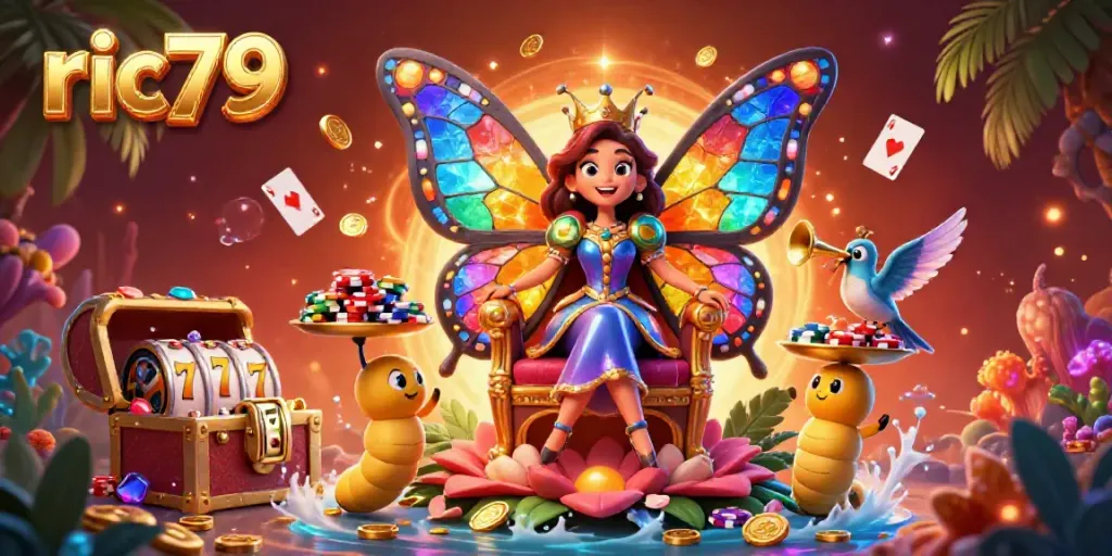 Experience the thrill of ric79 with this vibrant casino scene featuring a butterfly queen and animated game elements.