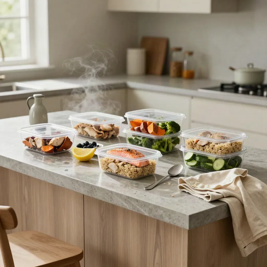 Meal-prep island with macro-balanced containers, produce, proteins and a canvas tote in soft morning light