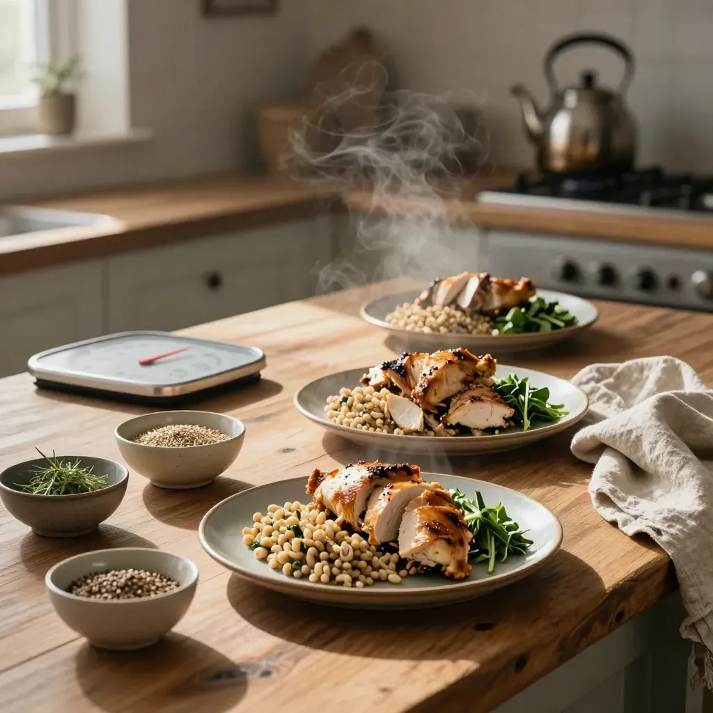 Portioned chicken, grains and greens beside a kitchen scale, showing cut, maintenance and bulk.