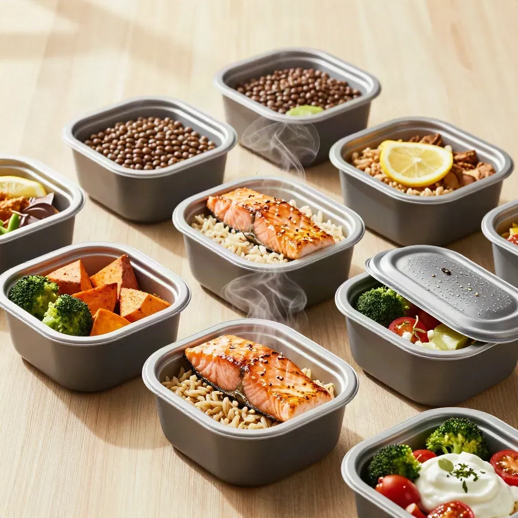 Seven meal prep containers with varied training-day meals, steam and orange accents on pale oak