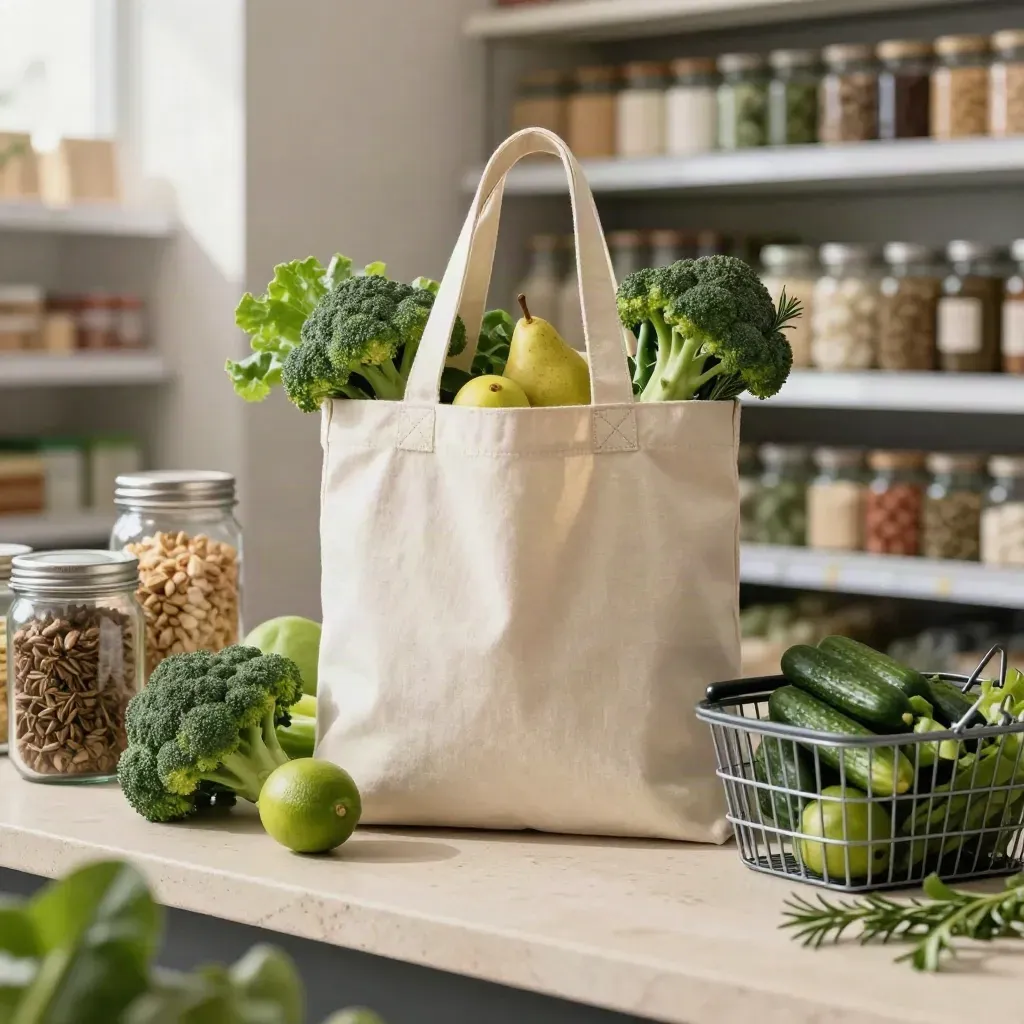 Canvas tote, produce, jars, and a supermarket basket arranged on a stone counter in a bright pantry.
