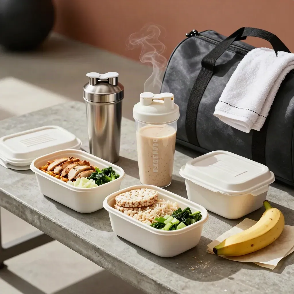 Meal prep boxes, shaker bottles, snacks and gym kit on a concrete bench in soft window light.