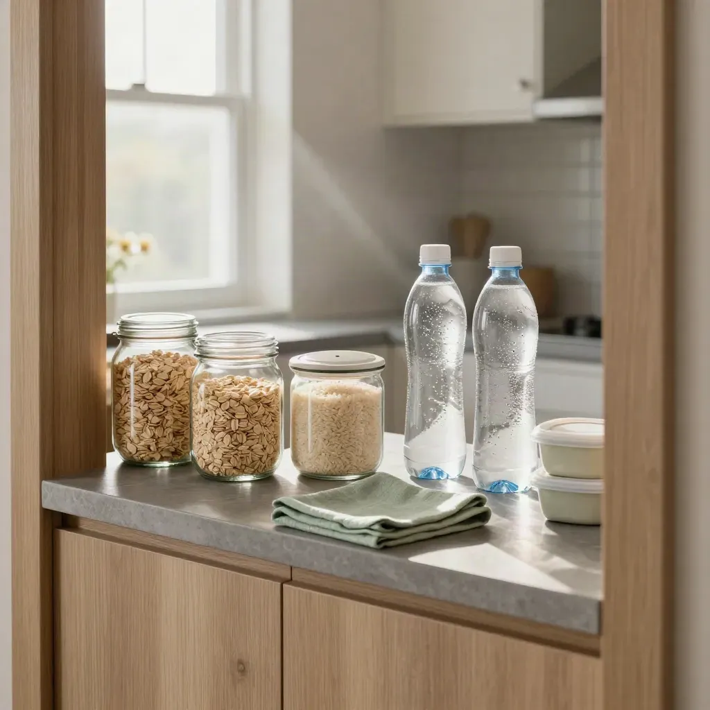 Runner meal boxes, oats, rice, and water bottles on a kitchen shelf in morning light.