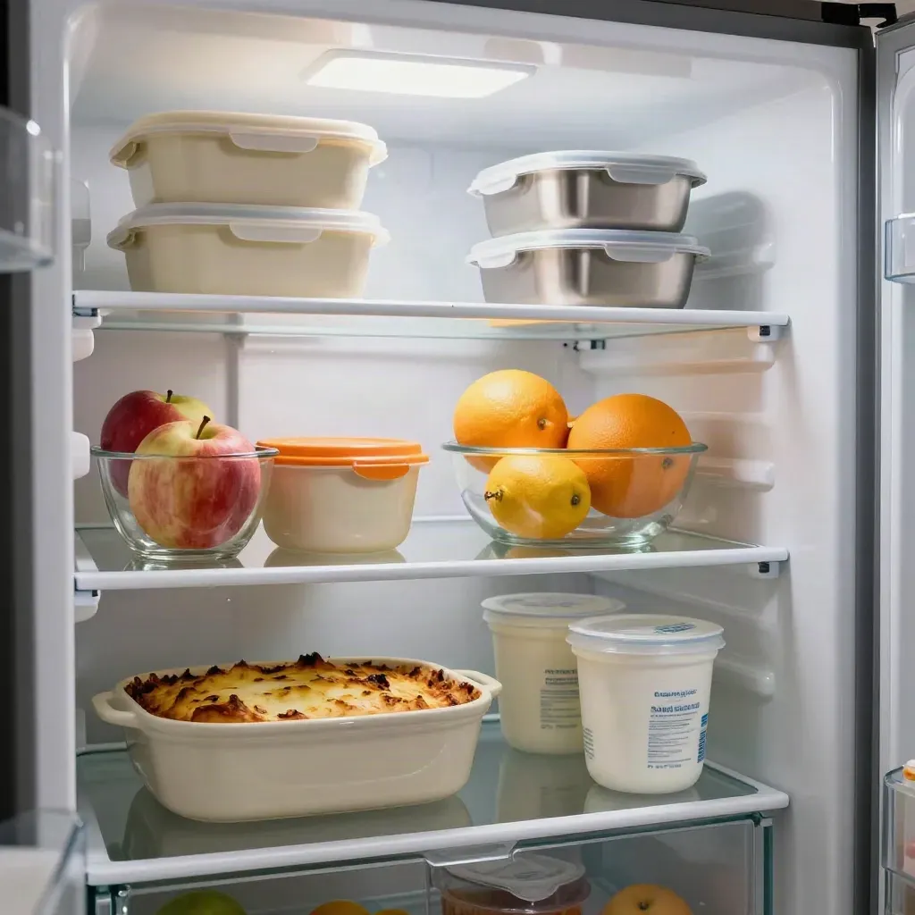 Open fridge packed with meal prep boxes, casserole dish, fruit bowls, and yogurt tubs