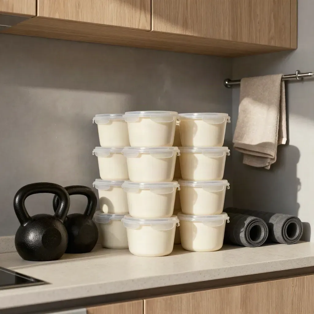 Dozen meal-prep containers stacked beside kettlebells and foam rollers in a cozy studio kitchenette.