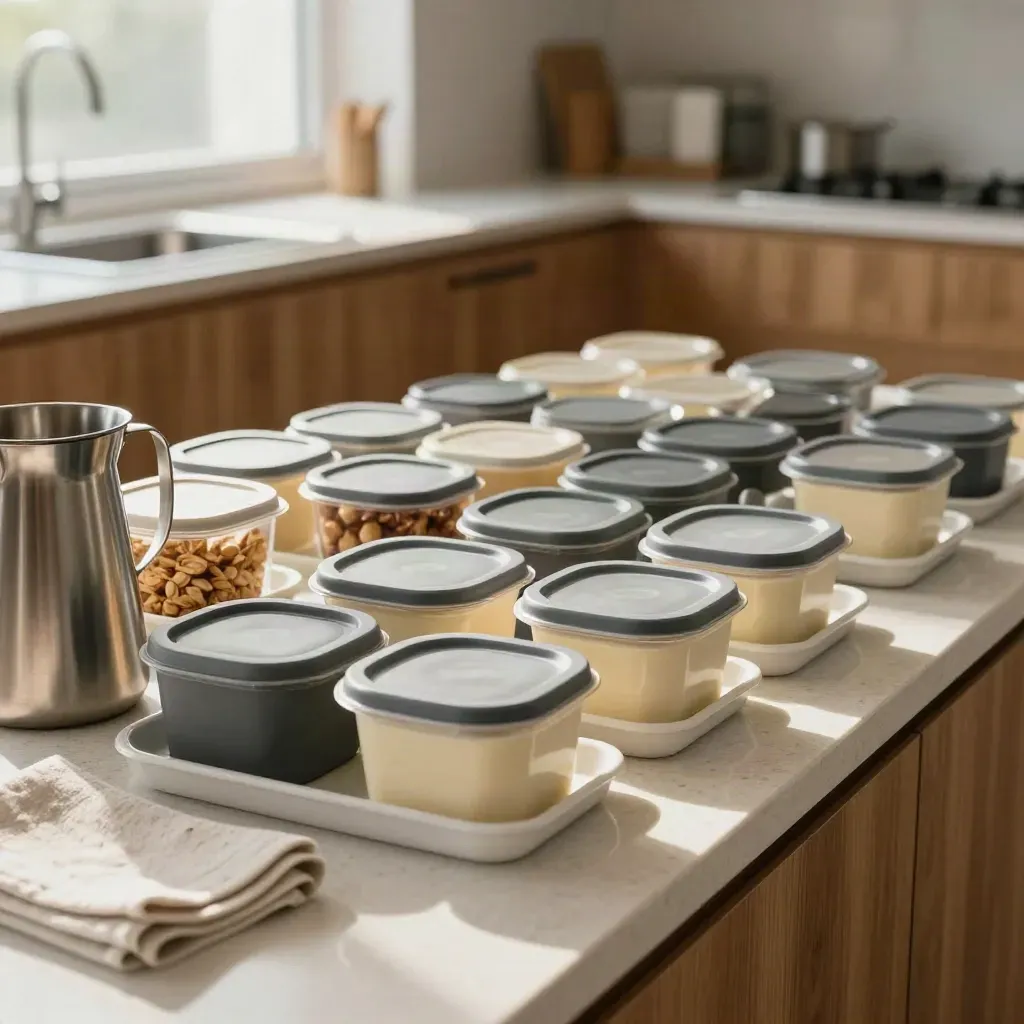 Identical meal containers and snack pots lined up in a bright, tidy office kitchenette.