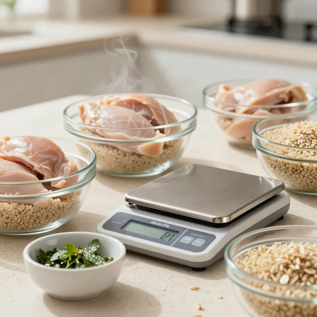 Macro food scale with bowls of chicken, grains and herbs on travertine