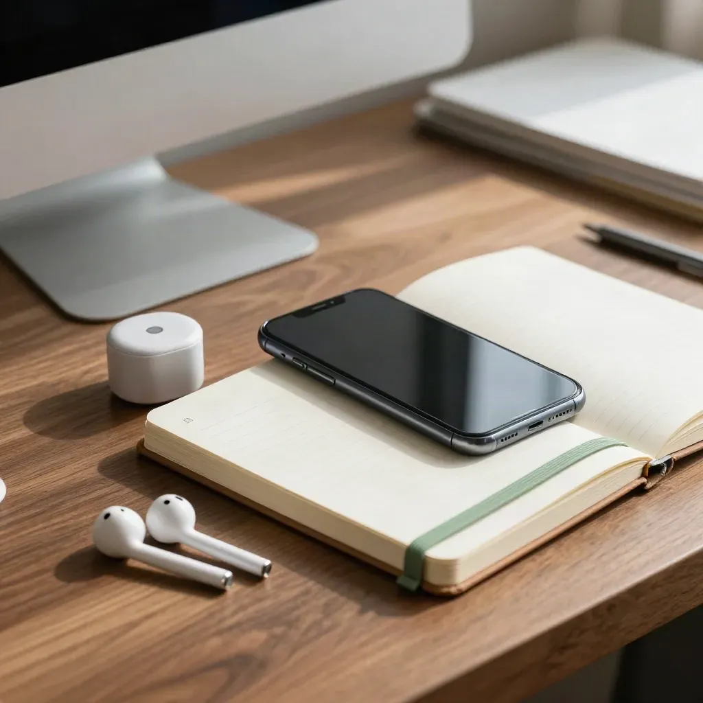 Smartphone, earbuds, charger puck and closed notebook on a walnut surface.