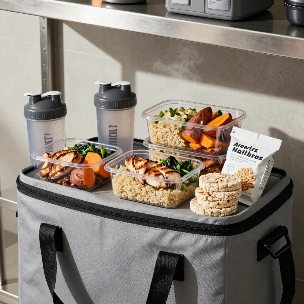 Athlete nutrition shelf with shaker bottles, meal tubs, snacks, and a cooler bag on a gym shelf.