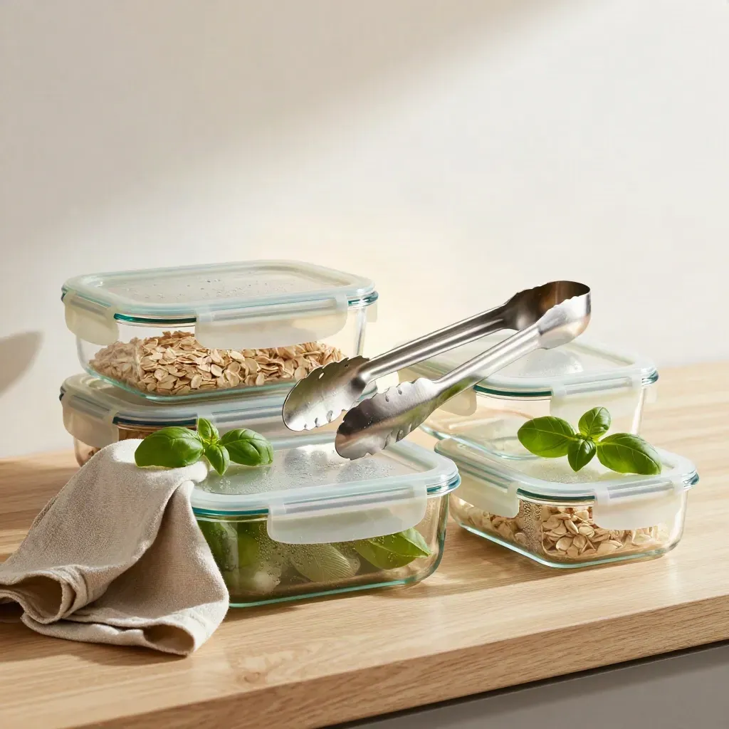 Glass meal prep boxes, steel tongs, linen and basil on a counter with steam and condensation.