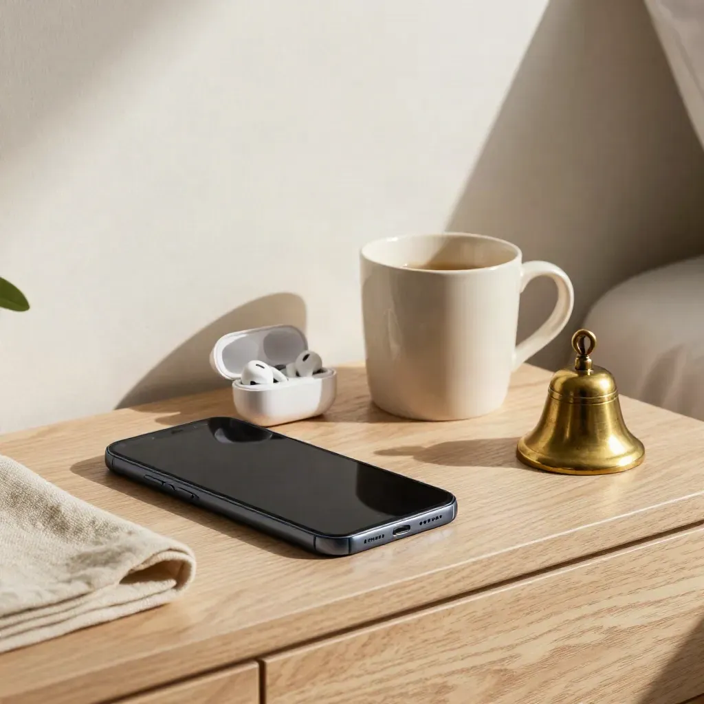 Dark smartphone with earbuds, mug and brass bell on pale oak