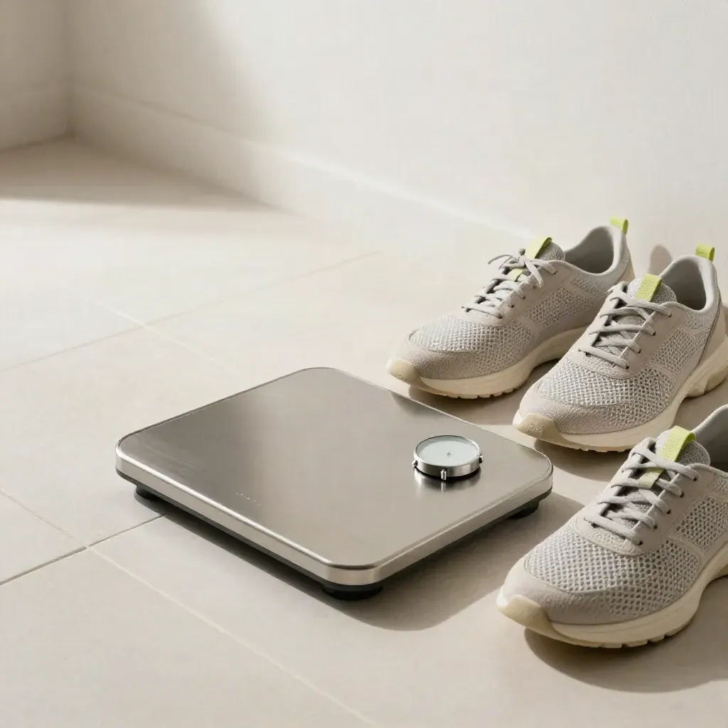 Bathroom scale, running watch, and trainers on pale tile, styled for a check-in scene.
