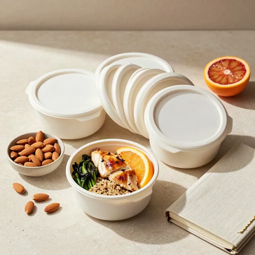 Overhead meal prep containers with almonds, citrus, and a recipe notebook on pale stone.