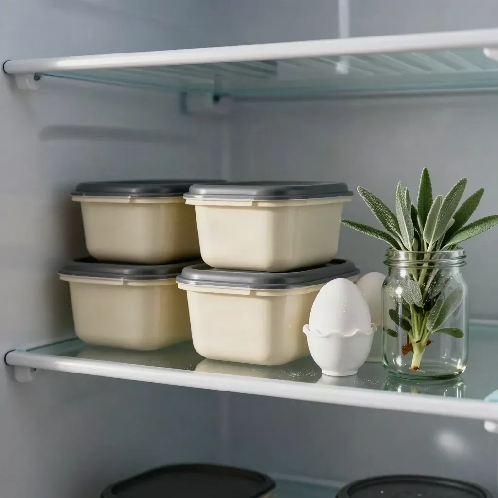Open fridge shelf with meal boxes, egg carton, and herb jar in cool misty light.