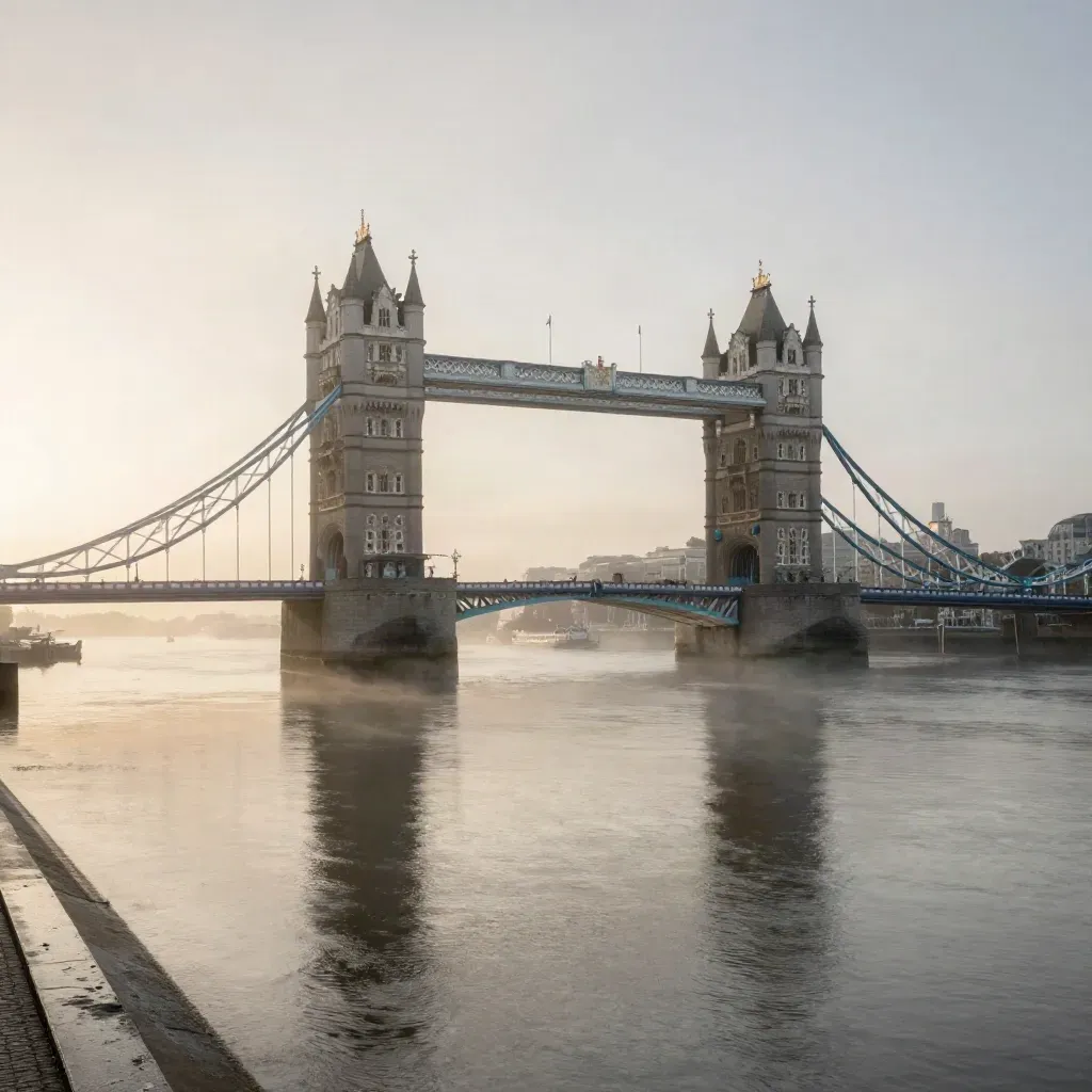 Tower Bridge above misty Thames at sunrise, calm water and embankments below