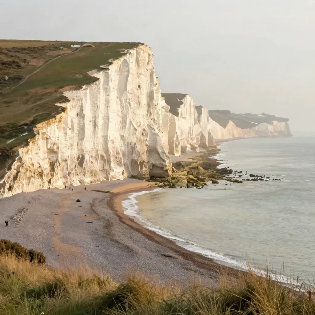 Golden Seven Sisters chalk cliffs above a misty pale shoreline in South East England