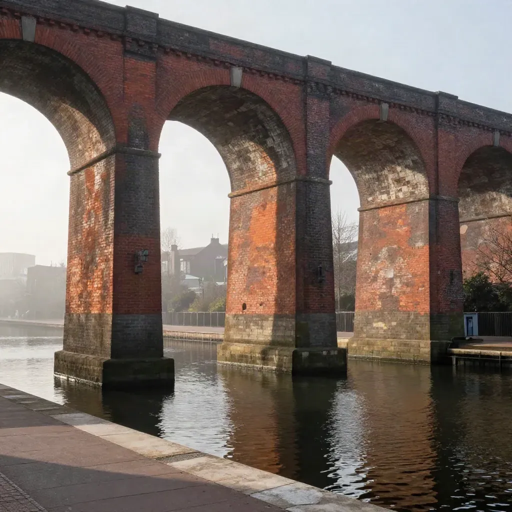 Birmingham canal arches in warm haze above calm water and towpath