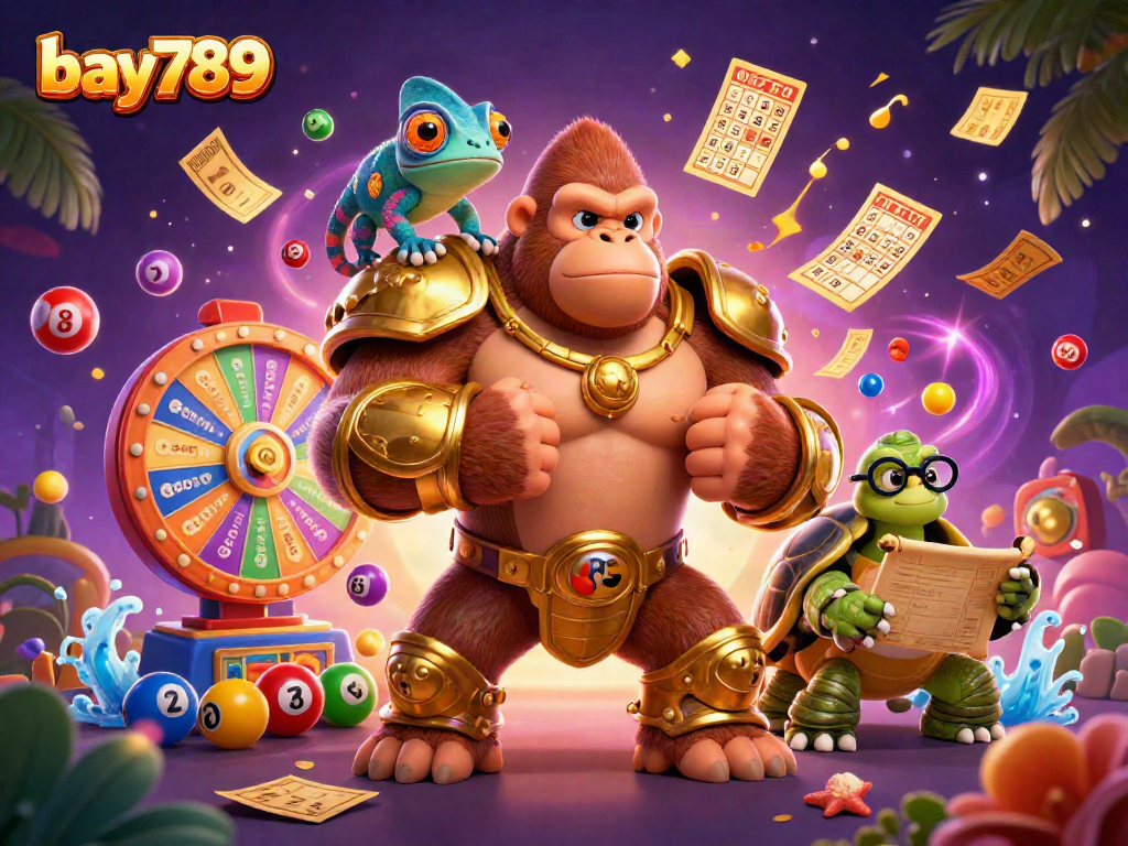 Engage with bay789's thrilling atmosphere featuring a gorilla king and his companions in a vibrant casino scene.