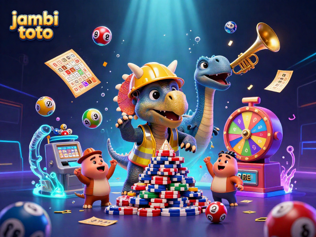 Engage in excitement with jambi toto as triceratops builds poker chip pyramid amid lottery fun.